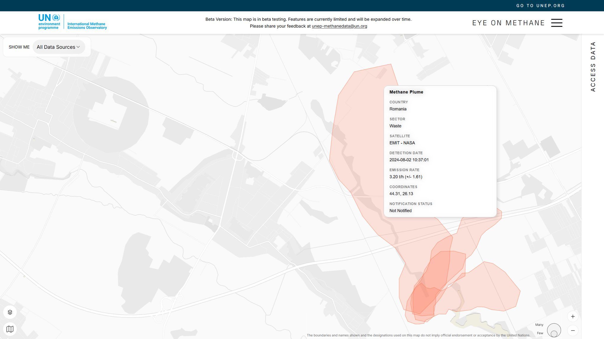 Sateliții EMIT (NASA), EnMAP (DLR) și Carbon Mapper au surprins mai multe plume persistente de metan deasupra depozitului de deșeuri din Vidra, Ilfov aparținând de EcoSud între noiembrie 2023 și mai 2025, cu debite estimate între 600 kg CH₄/h și 3,2 tone CH₄/oră.