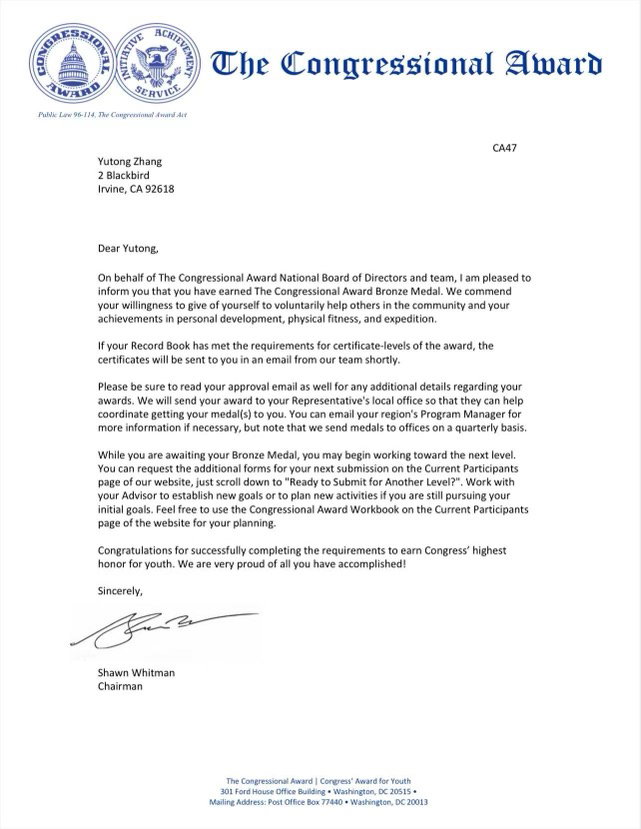 Congressional Award Bronze Medal Recognition (2025)