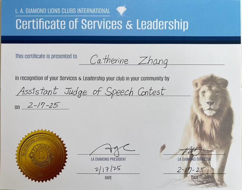 Certificate of Services & Leadership – Lions Club (2025)