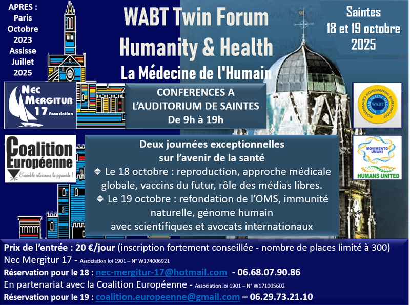 📅 18 & 19 octobre 2025 – Deux journées exceptionnelles autour de l’avenir de notre santé
Auditorium de Saintes  - 11 rue Fernand Chapsal
