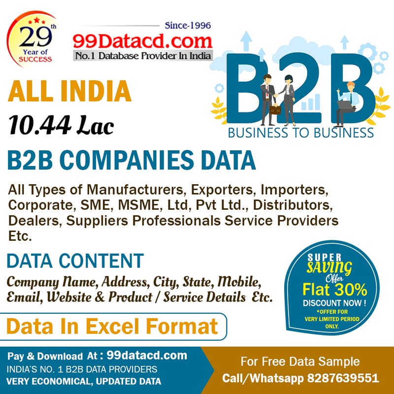 No.1 B2B Database Providers- All India City-State Companies Data.