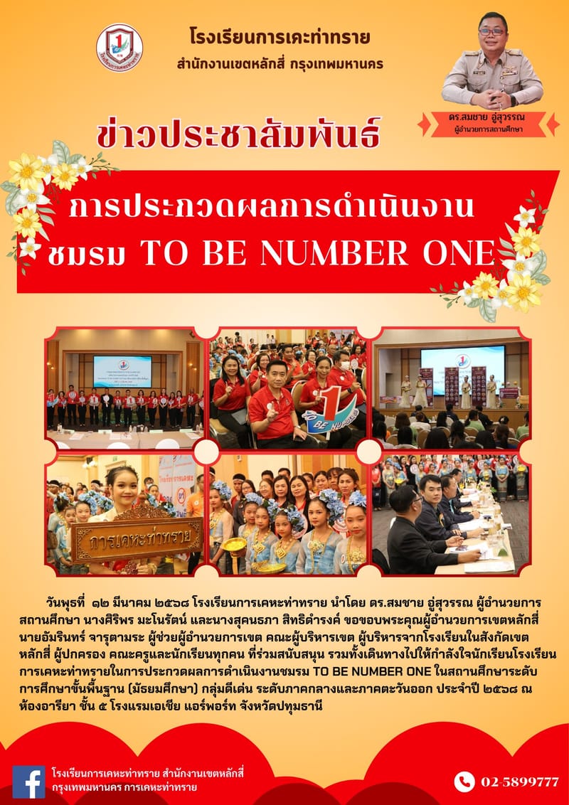 ข่าวประชาสัมพันธ์วันพุธที่  ๑๒ มีนาคม ๒๕๖๘ โรงเรียนการเคหะท่าทราย นำโดย ดร.สมชาย อู่สุวรรณ ผู้อำนวยการสถานศึกษา นางศิริพร มะโนรัตน์ และนางสุคนธภา สิทธิดำรงค์ ขอขอบพระคุณผู้อำนวยการเขตหลักสี่ นายอัมรินทร์ จารุตามระ ผู้ช่วยผู้อำนวยการเขต คณะผู้บริหารเขต ผู้บริหารจากโรงเรียนในสังกัดเขตหลักสี่ ผู้ปกครอง คณะครูและนักเรียนทุกคน ที่ร่วมสนับสนุน รวมทั้งเดินทางไปให้กำลังใจนักเรียนโรงเรียนการเคหะท่าทรายในการประกวดผลการดำเนินงานชมรม TO BE NUMBER ONE ในสถานศึกษาระดับการศึกษาขั้นพื้นฐาน (มัธยมศึกษา) กลุ่มดีเด่น ระดับภาคกลางและภาคตะวันออก ประจำปี ๒๕๖๘ ณ ห้องอารียา ชั้น ๕ โรงแรมเอเชีย แอร์พอร์ท จังหวัดปทุมธานี