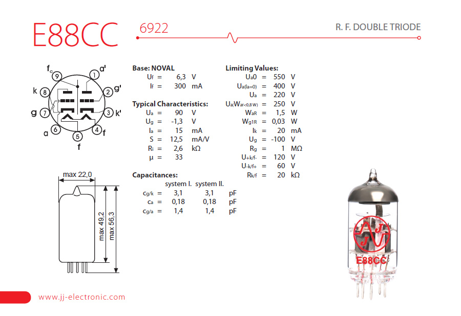 R.F. DOUBLE TRIODE E88CC is the European Name of 6922/6DJ8. It is often used for Hi-Fi applications. It provides very smooth mids and high end with a lot of detail.