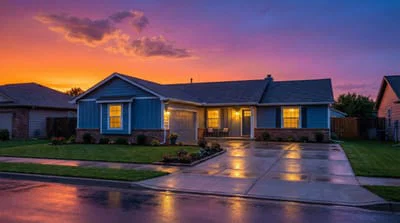 A real Las Vegas residential neighborhood — Summerlin, Spring Valley, or a suburban Las Vegas community — warm and family-oriented.