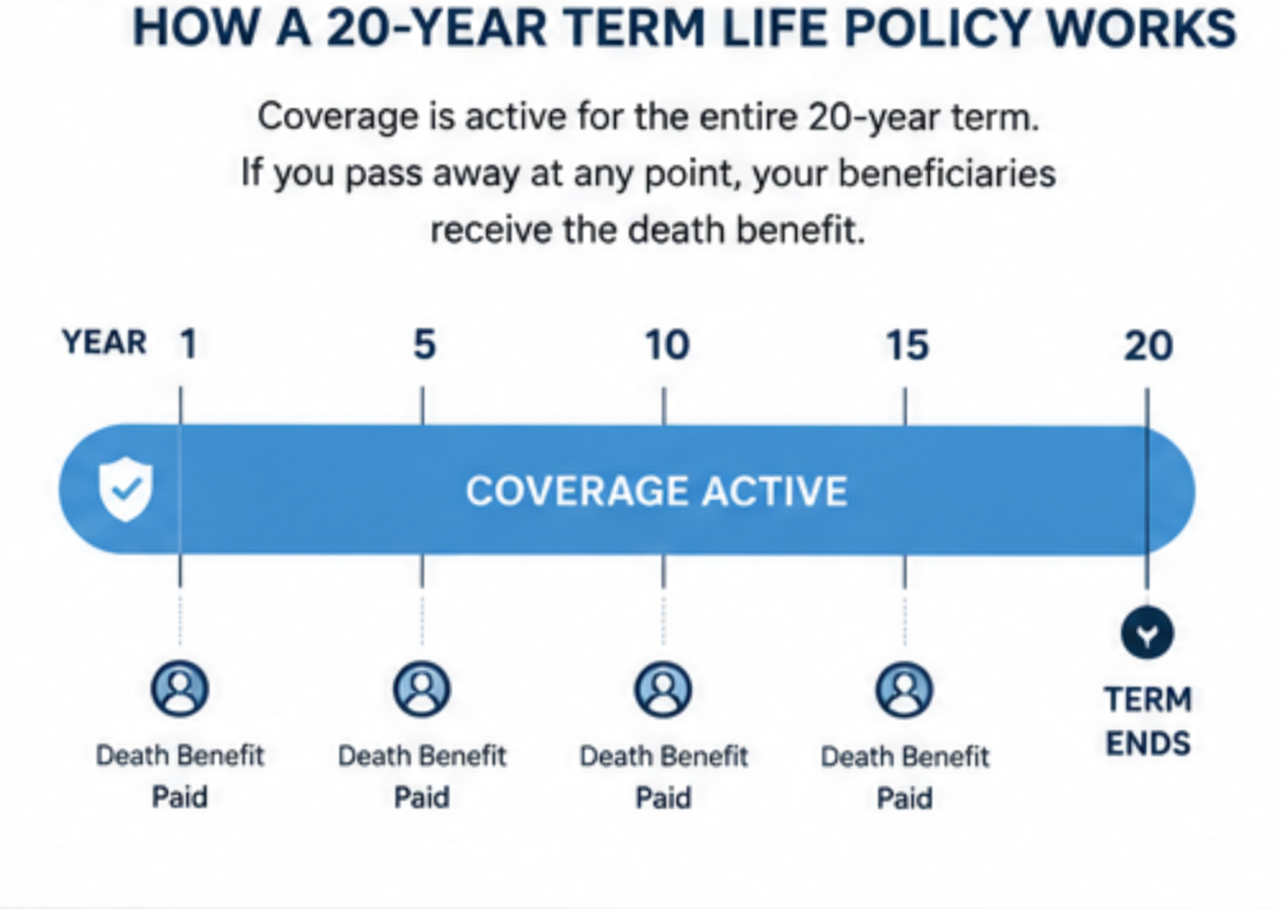 Timeline showing how a 20-year term life insurance policy works
