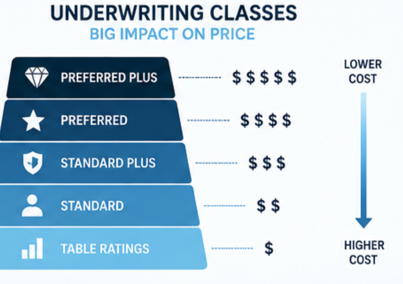 Life insurance underwriting classes from Preferred Plus to Standard ranked by cost