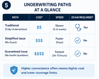 Comparison of fully underwritten, simplified issue, and guaranteed issue life insurance for seniors