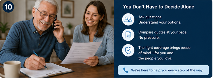 Senior comparing term life insurance quotes with help from an independent agent