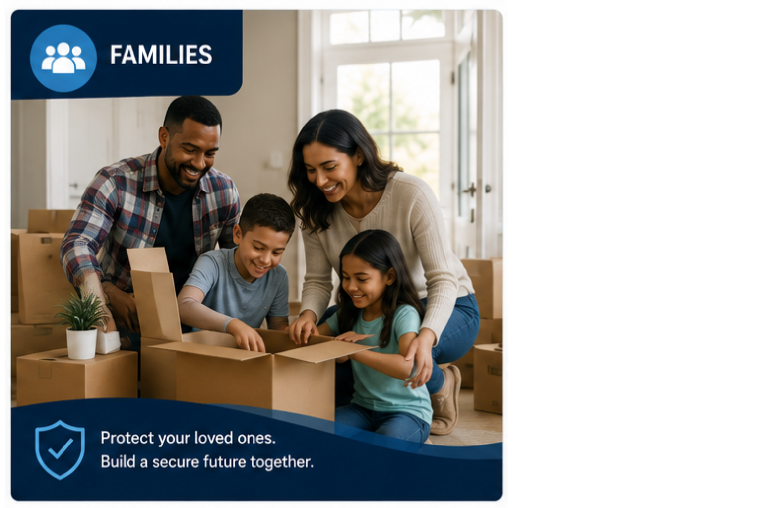 Family unpacking boxes together in their new home