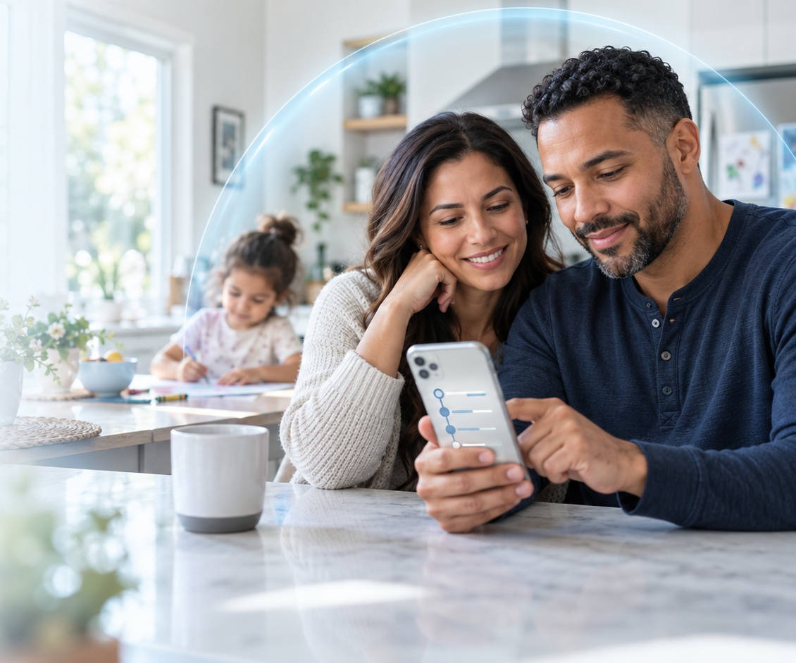 Couple using a life insurance calculator to estimate the coverage their family may need.