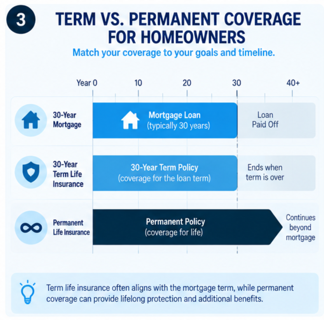 Term life coverage matched to a mortgage term versus permanent coverage that outlasts the loan