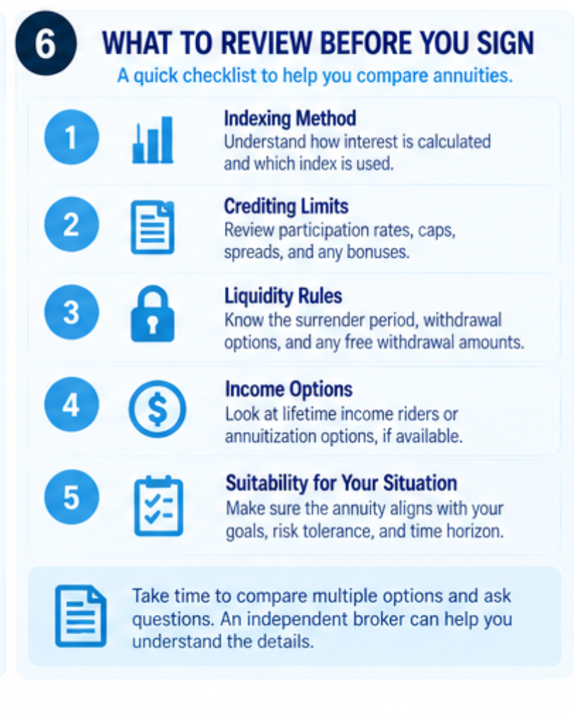 Checklist for reviewing a fixed index annuity contract before purchase