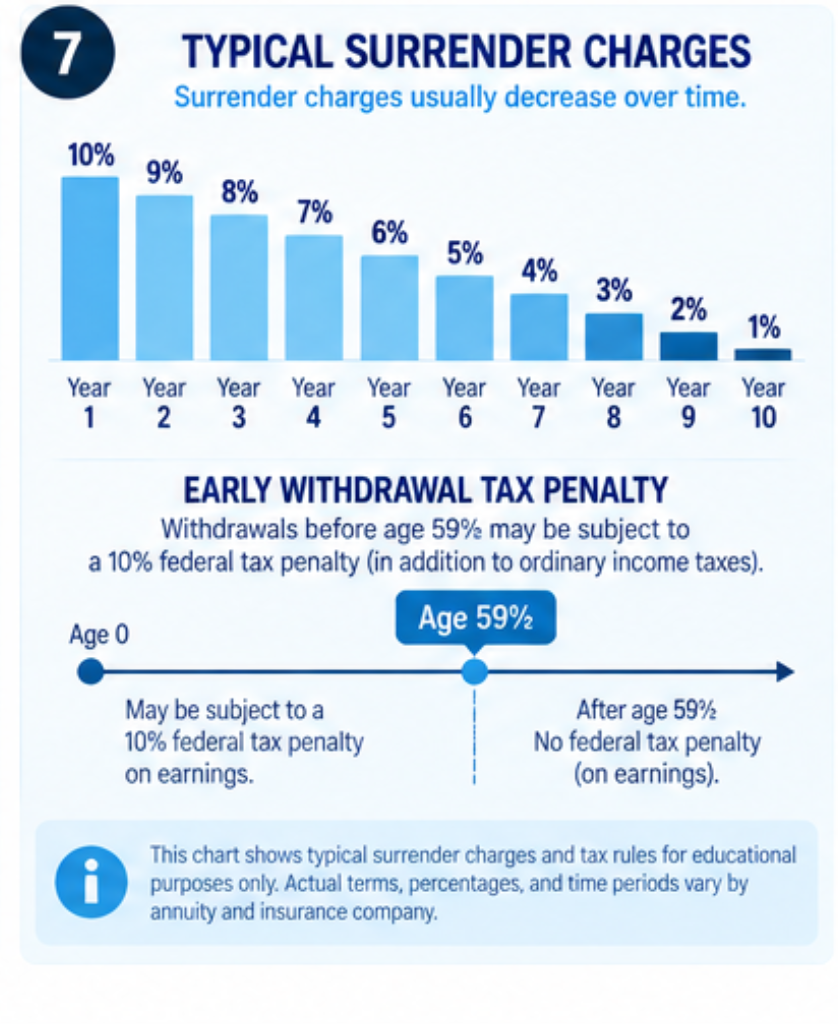 Illustrative surrender charge schedule and age 59½ tax penalty timeline for annuities