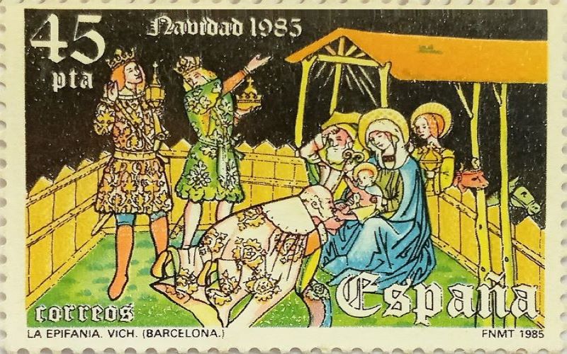 Magi’s Adoration of Jesus and 1985 Christmas Stamp, 45pta, from Spain