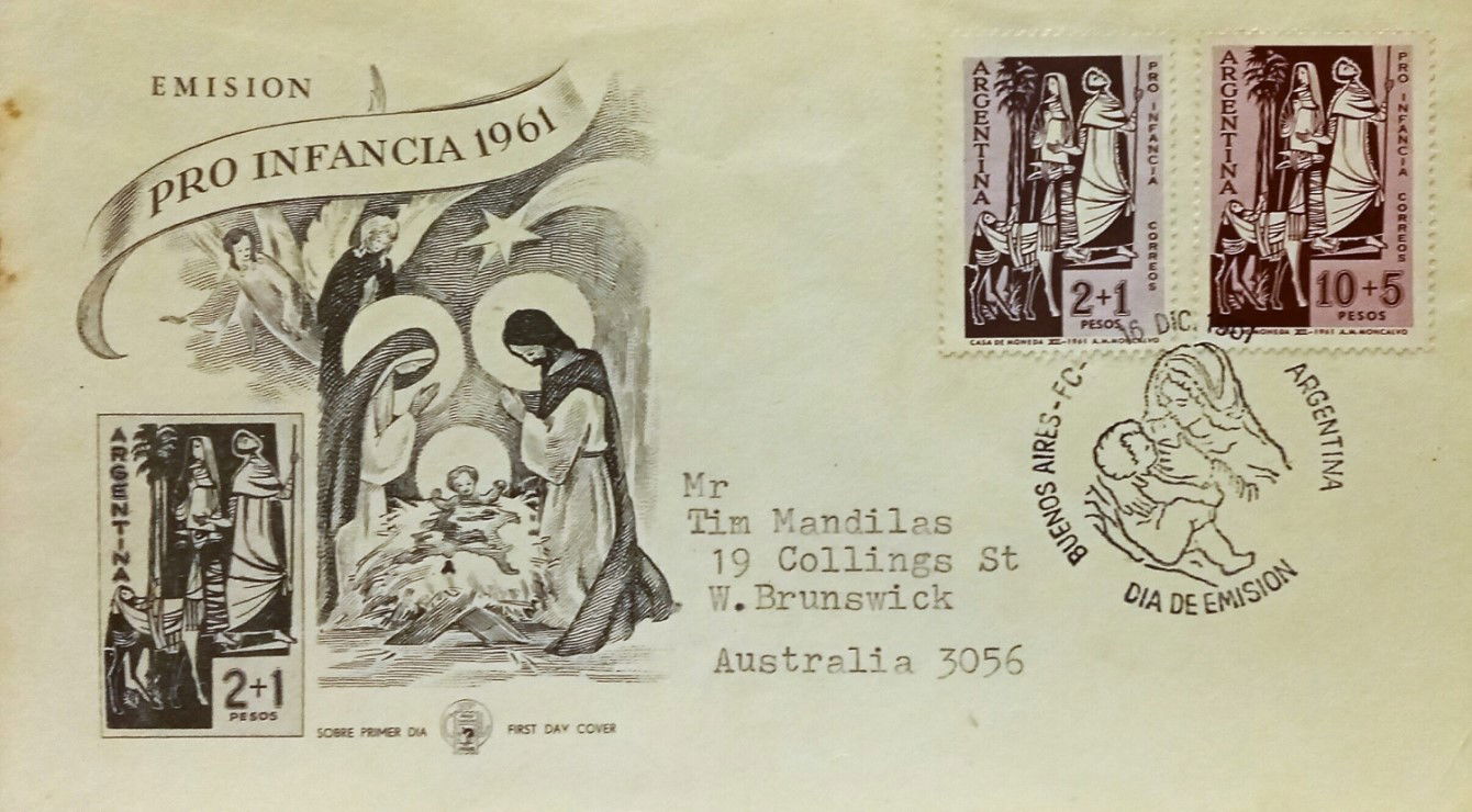 1961 Christmas first day cover from Argentina; Used fdc, with address
