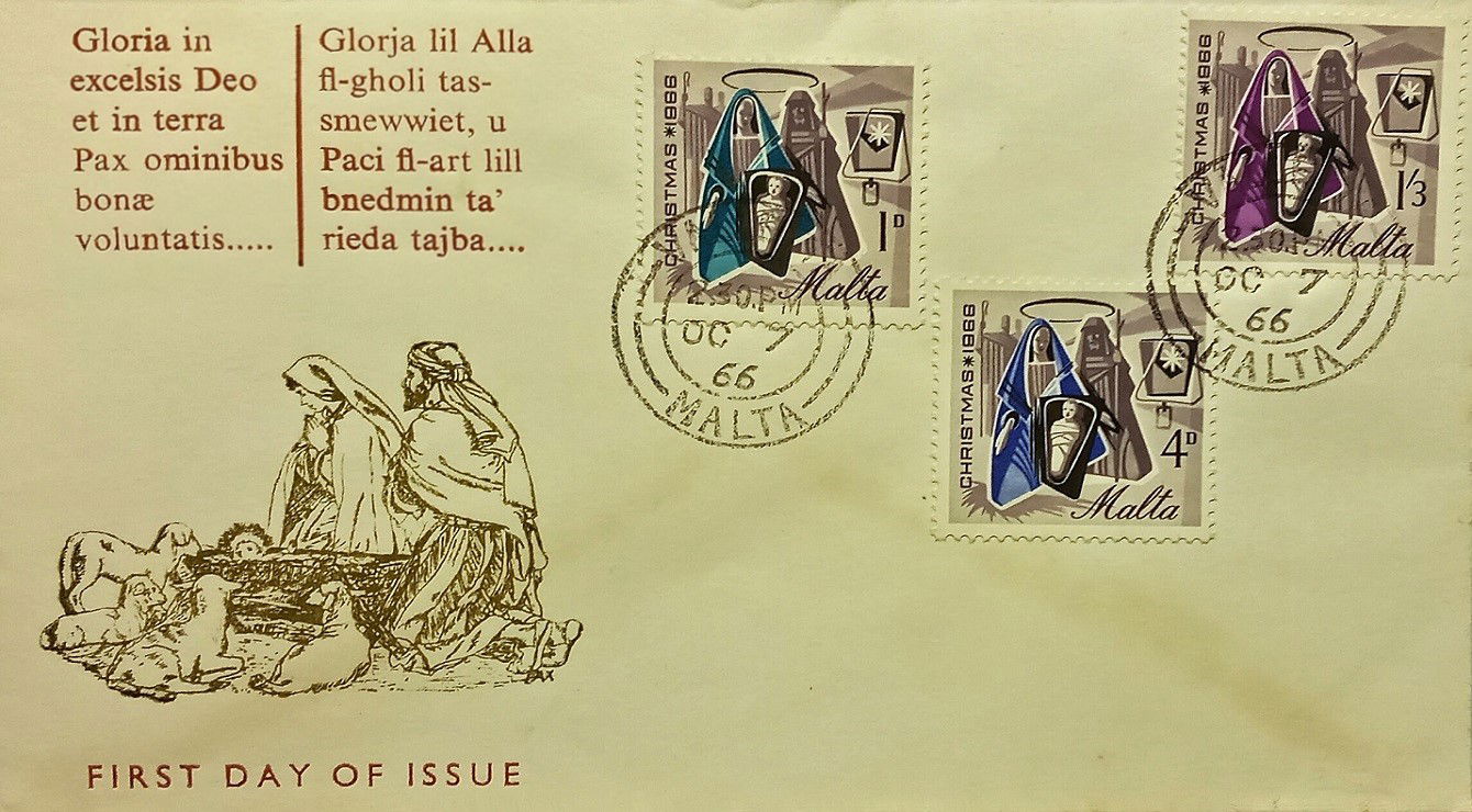 1966 Christmas first day cover from Malta; FDC with the theme, “Gloria in Excelsis Deo” 