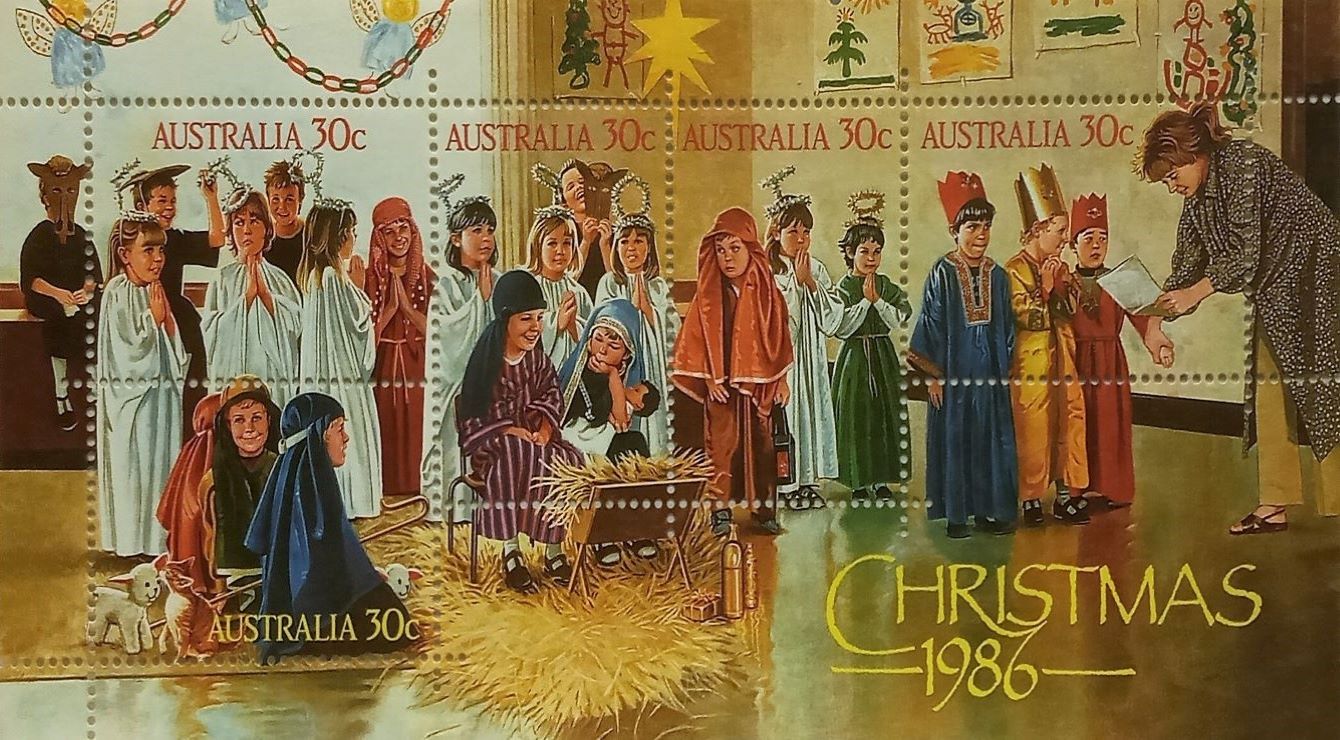 1986 Christmas souvenir sheet from Australia; Stamps on souvenir sheet; Supervised role-playing