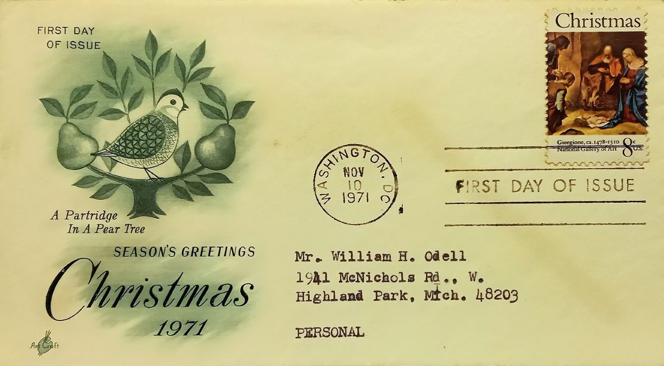 1971 Christmas first day cover from the United States of America; Used fdc; Christmas carol, “Twelve Days of Christmas” 
