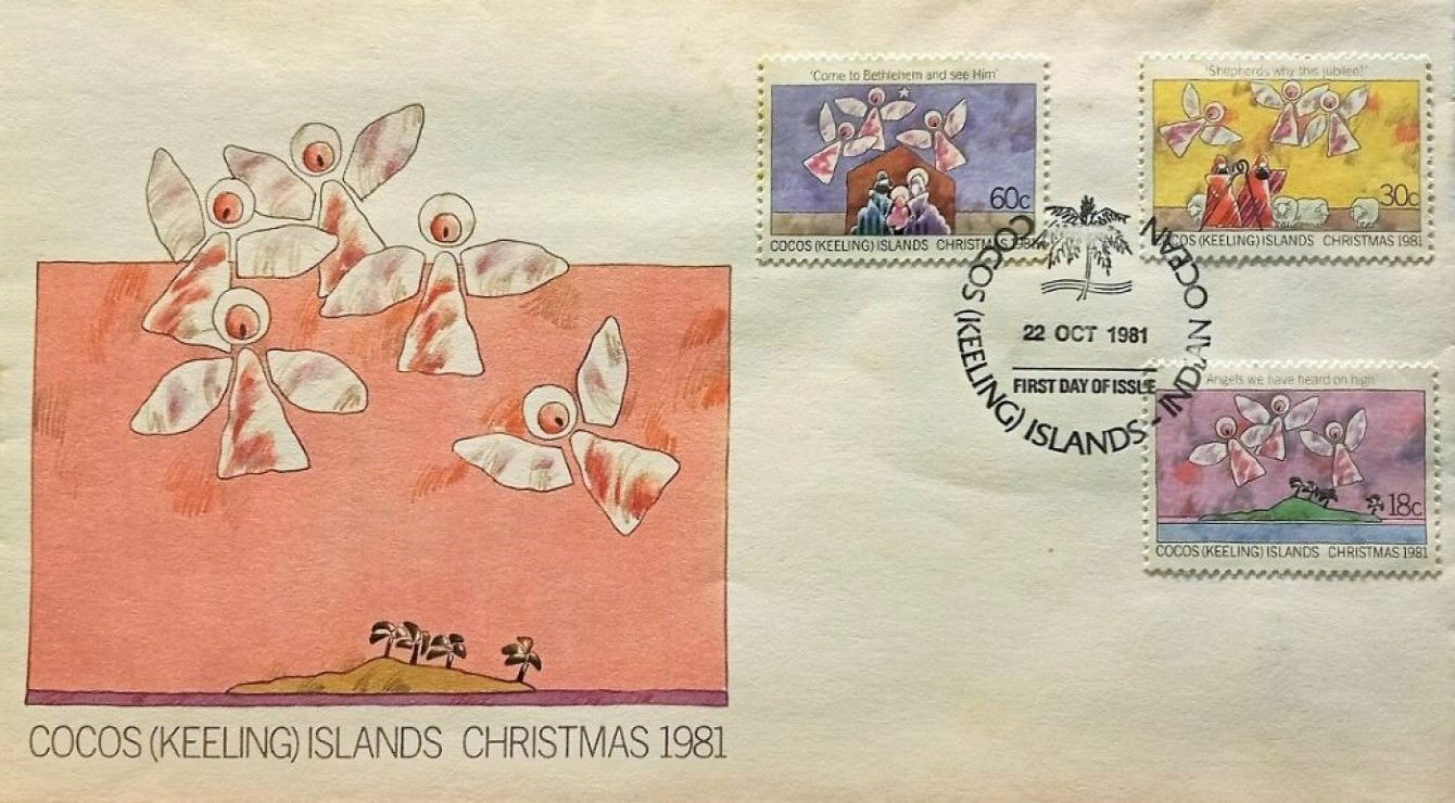 1981 Christmas first day cover from Cocos Islands; Christmas carol, “Angels We Have Heard on High” 