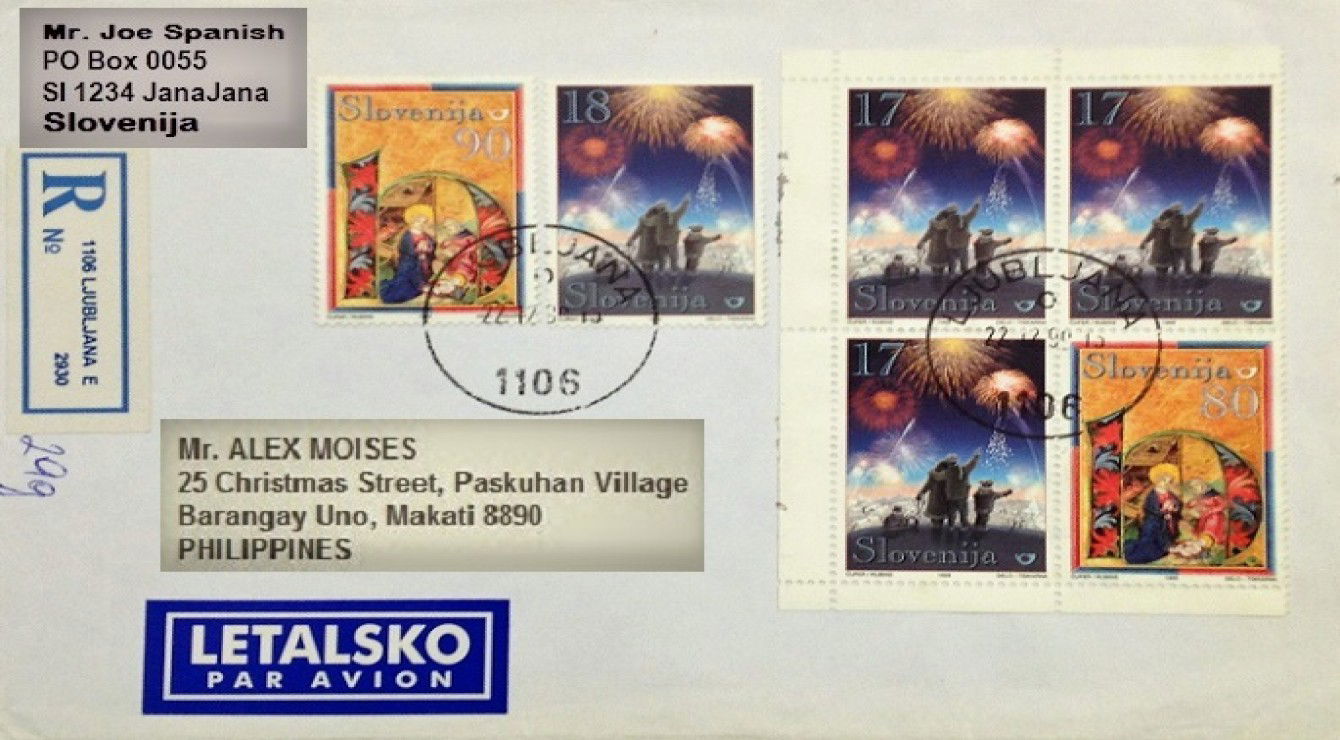 1999 Christmas used covers from Slovenia; Registered cover