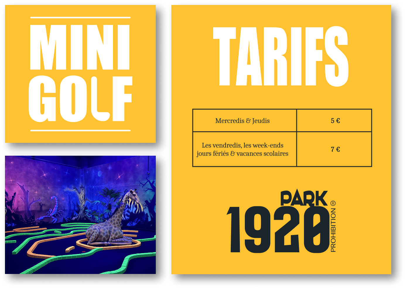 Aurez-vous assez de précision pour mettre la balle dans le trou ? Partez à la découverte de notre mini golf fluo en 12 trous !  Un moment de fun pour petits et grands 