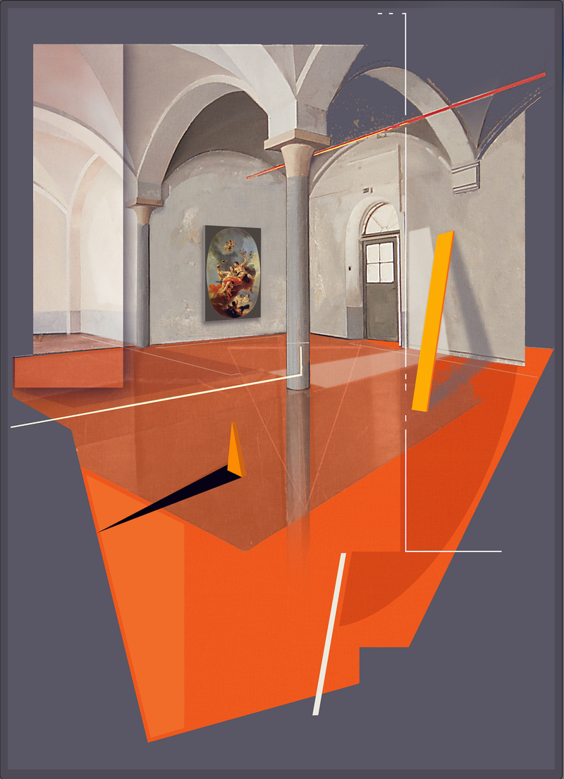 Installazione con pavimento rosso, cm 90 x 130 T.M. su tela