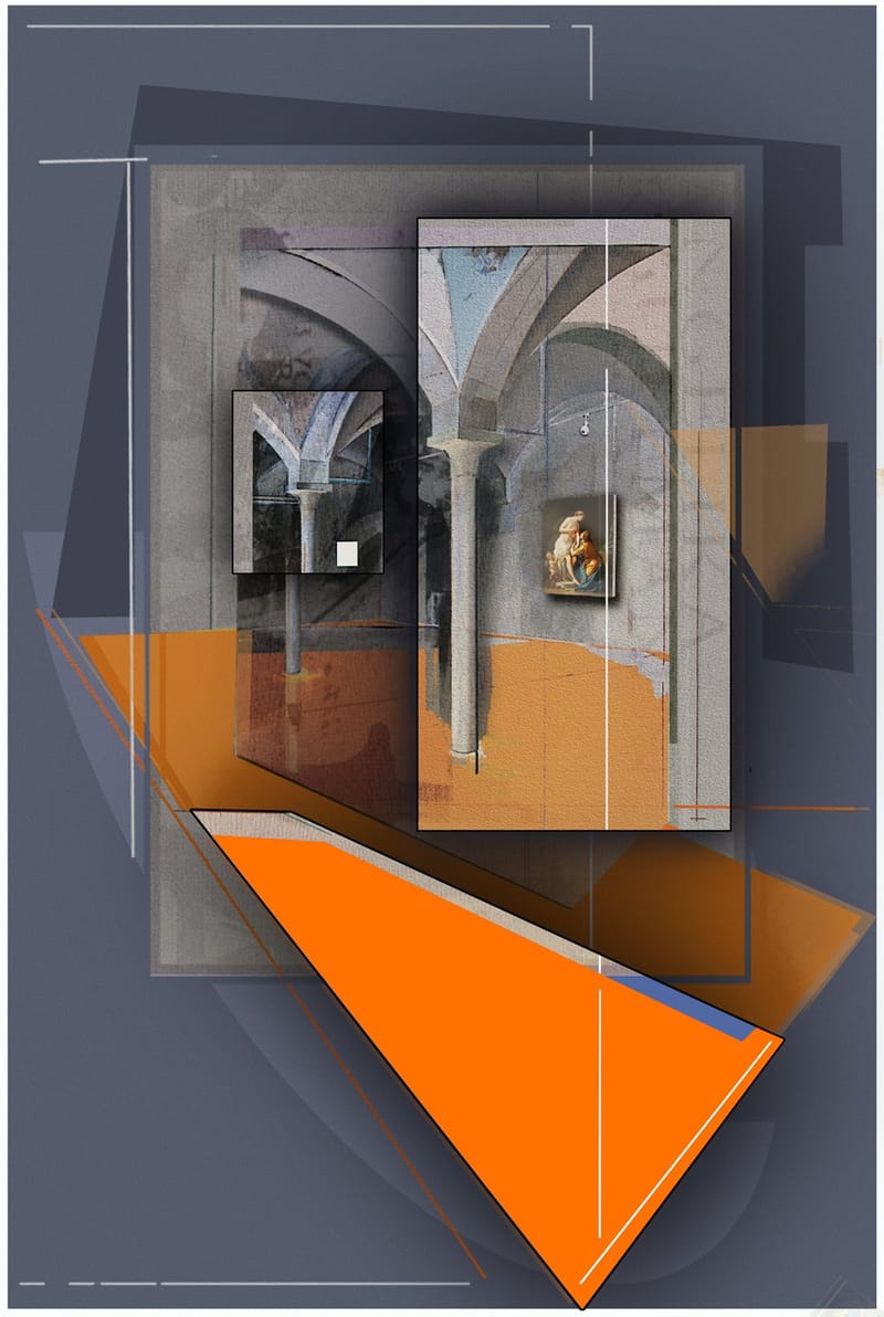 Installazione con pavimento rosso, cm 90 x 130 T.M. su tela