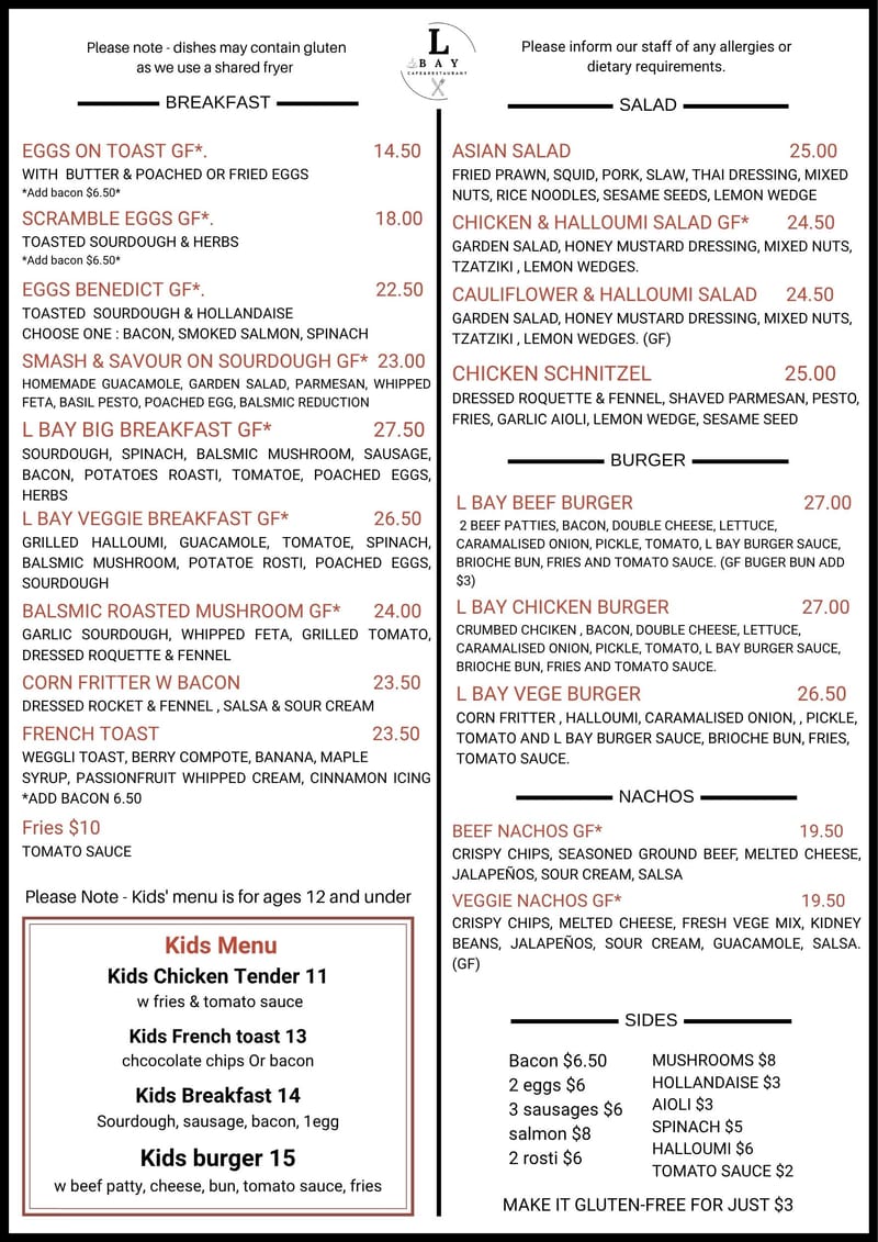L Bay Cafe Menu